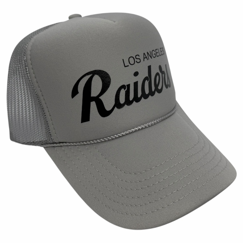 NEW VINTAGE STYLE SPORTS SCRIPT LOS ANGELES RAIDERS GRAY BLACK TRUCKER HAT CAP